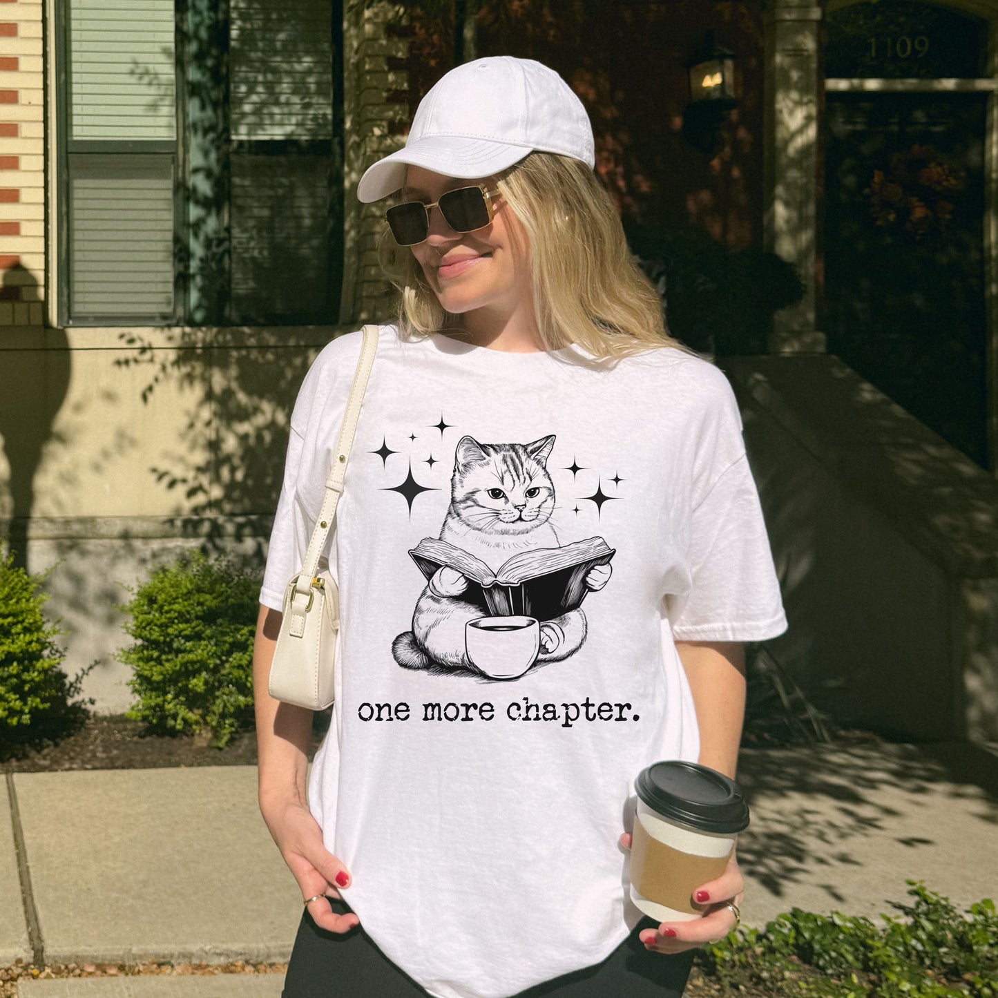 One More Chapter Bookish T-Shirt -  Funny Cat Reading a Book Graphic Tee | 0015